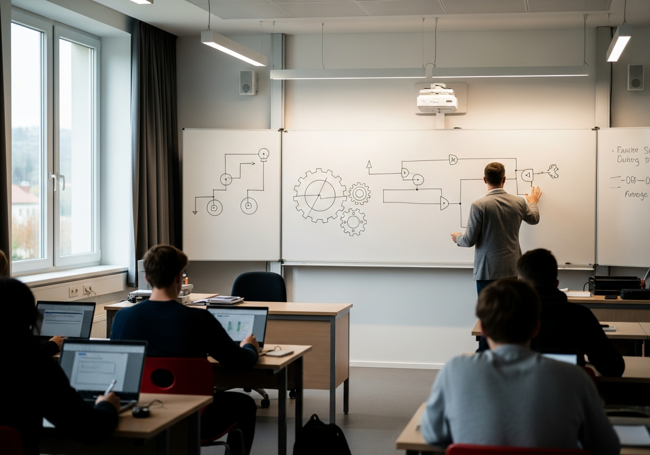 Modernes Klassenzimmer mit Lehrkraft am Whiteboard